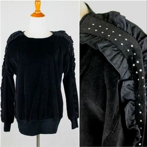 Bodalia Vintage 1980s Embellished Black Velour Ruffled Top Sweater Small
